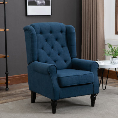 Fauteuil d'appoint capitonné à boutons avec haut dossier à oreilles, accoudoirs rembourrés arrondis et siège rembourré épais, bleu