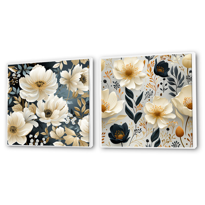 Portneuf - Ensemble de 2 collages floraux carrés, Cadre flottant blanc, H 36 po x l 73 po