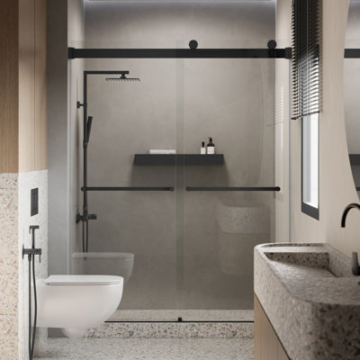 Porte de douche coulissante Viva Bypass 142-152 cm L x 198 cm H, quincaillerie noire mate, verre clair de 10 mm d'épaisseur