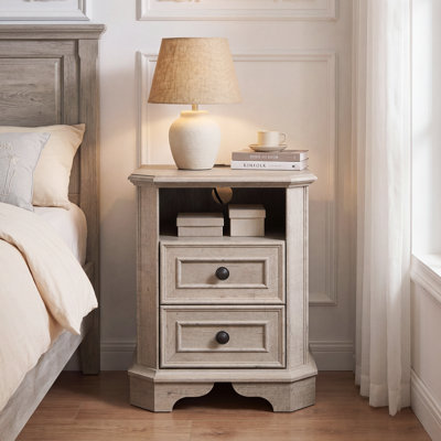 Table de chevet moderne à 2 tiroirs en bois avec station de charge, table de chevet avec rangement ouvert pour chambre à coucher et prises encastrées