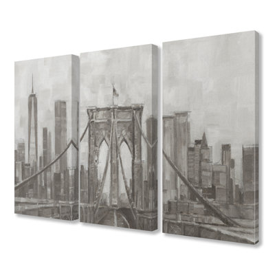 «Neutral Grey Tan Panoramic View of New York City Triptych» par Ethan Harper, ensemble de 3 peintures