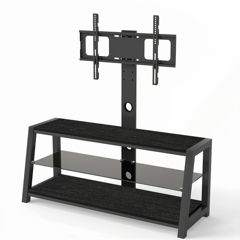 Meuble télé en bois avec verre trempé noir, hauteur réglable, support pivotant universel pour téléviseur de 32 à 65 pouces