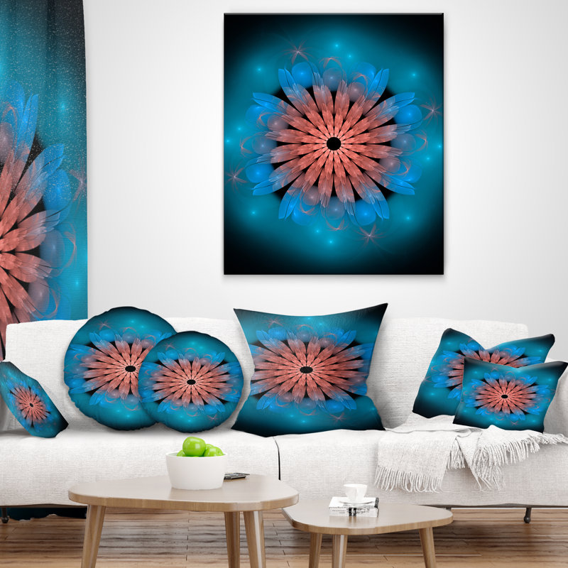 Fractale fleur turquoise florale - coussin imprimé floral, 18 po x 18 po, Coussin décoratif