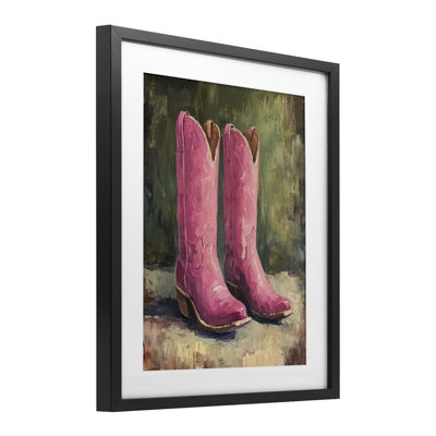 Distressed Pink Cowgirl Boots Framed Print Under Glass, Design By Petal Prints Design