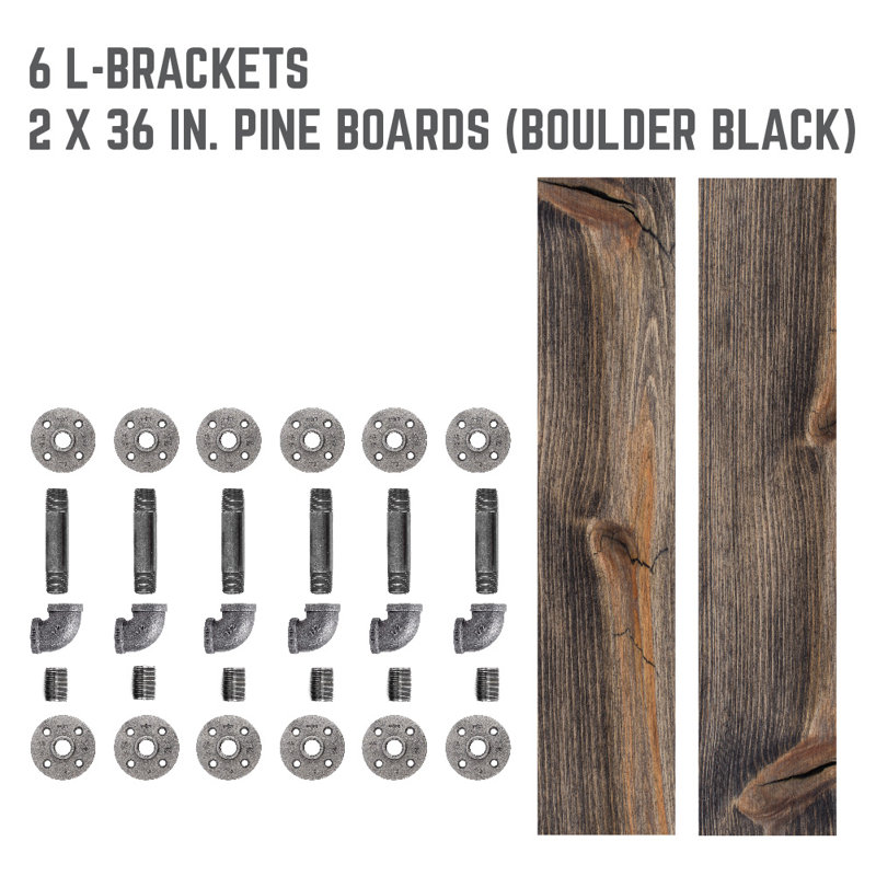 Hibbell 2 Piece Solid Wood Industrial Pipe Shelves, Boulder Black