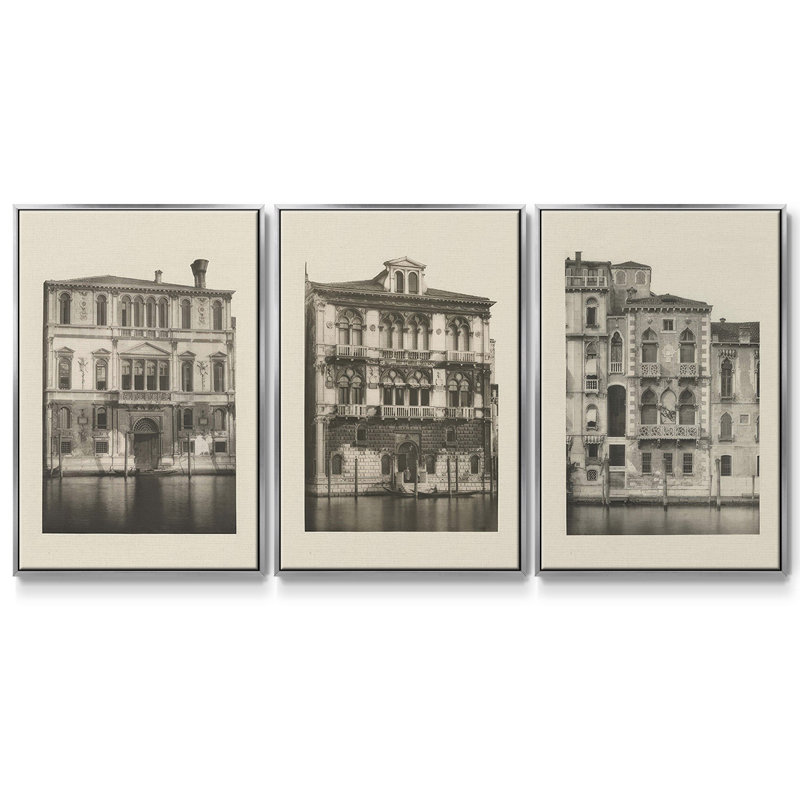 "Vintage Views of Venice I", ensemble de 3 pièces encadrées sur toile, H 36 po x l 72 po, Argent