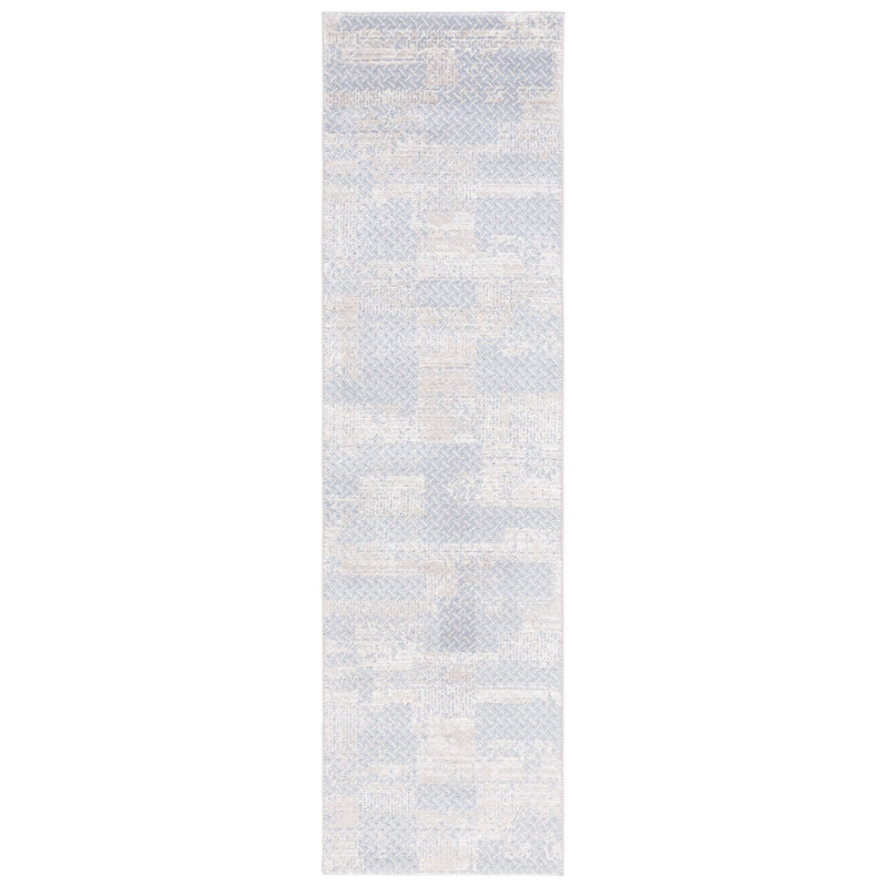 Tapis abstrait en polyester / polypropylène tissé à la machine en gris clair / beige, Tapis de couloir 2 pi 3 po x 8 pi