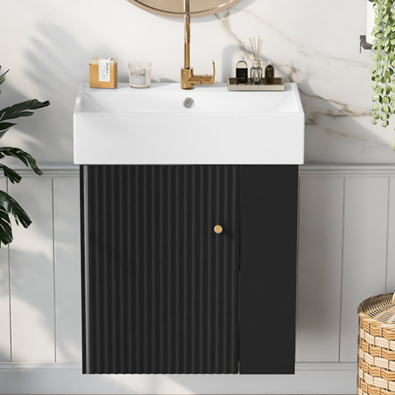 Meuble-lavabo flottant moderne de 21,6 po avec lavabo en céramique, rangement à droite, meuble-lavabo, Noir