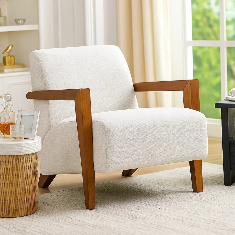 Fauteuil d'appoint Demy, coussin en chenille beige, bois de châtaignier brun, Beige