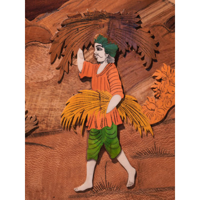 36" Indian Village Landscape Mysore 3D Wood Inlay Wall Panel - Handcrafted Rustic Folk Art for Living Room