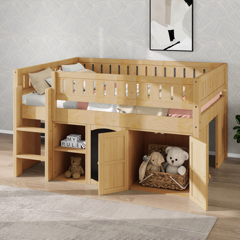 Full Size Loft Bed With Storage Cabinet & Chalkboard Panel, Sturdy Wooden Frame, Space-Saving Design, Natural