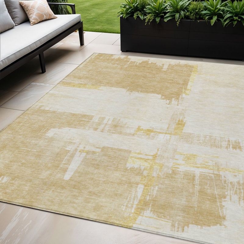 Tapis extérieur lavable abstrait beige et doré 5 pi x 8 pi