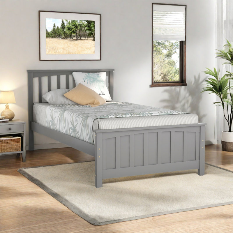 Chares Wood Platform Bed With Headboard, Twin, Gray