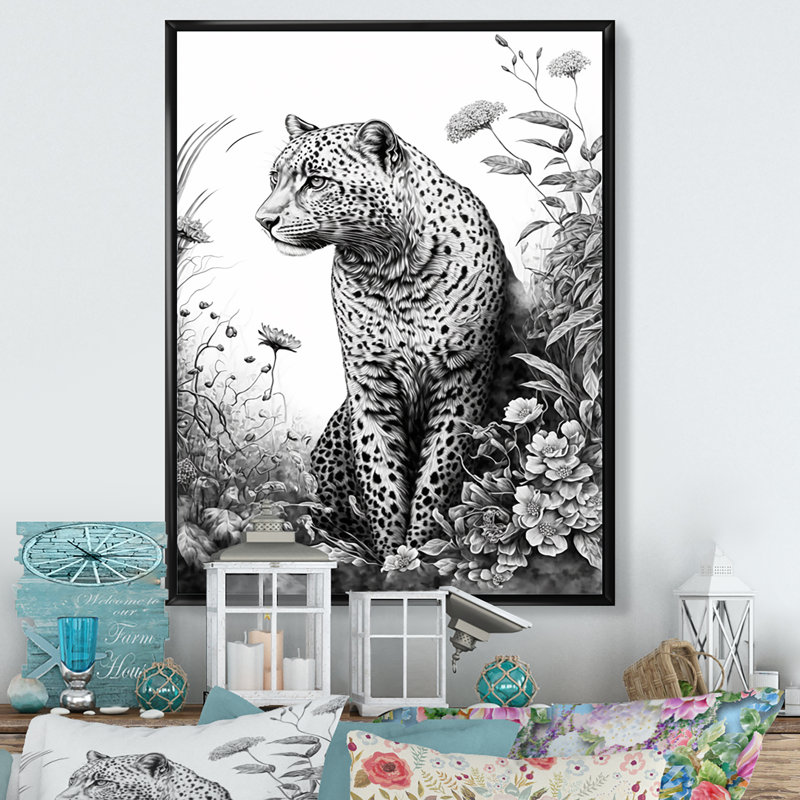 Léopard noir et blanc dans la jungle - reproduction d'art sur toile, H 20 po x l 12 po x P 1 po