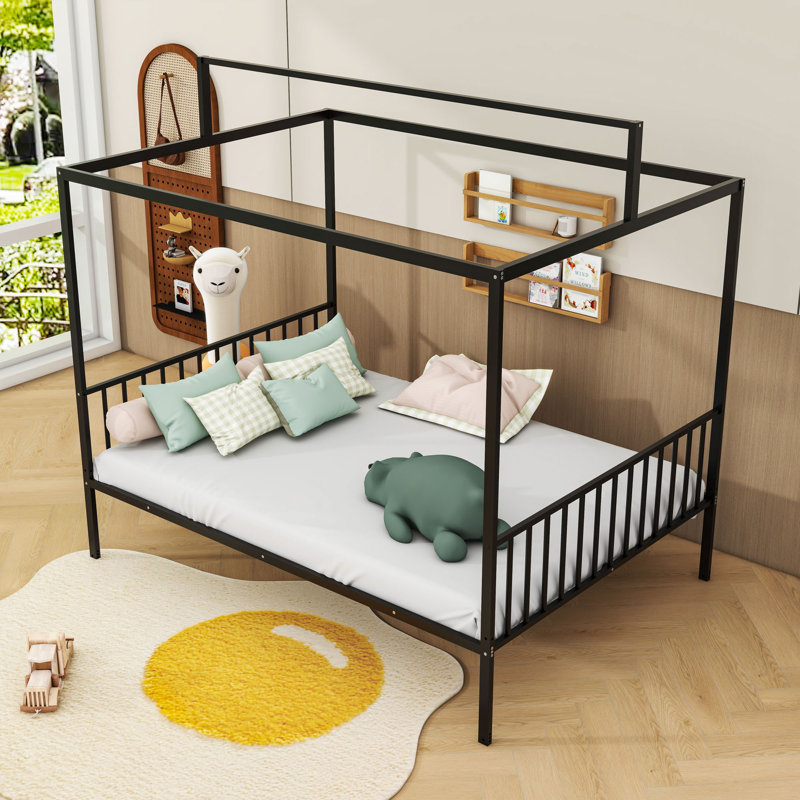 House-Shaped Design Metal Bed With Slats, Black, Full