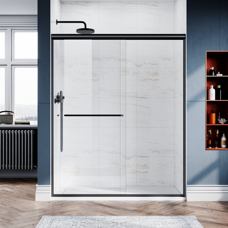 57.5" 60"W X 72"H Semi-Frameless Sliding Shower Door, Black