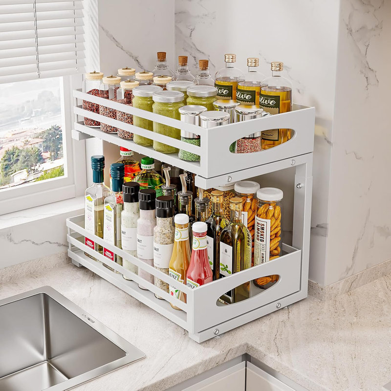Rangement escamotable sous le lavabo, tablette réglable en acier à 2 niveaux pour armoire de cuisine, conception coulissante pour faciliter l'accès et optimiser l'espace