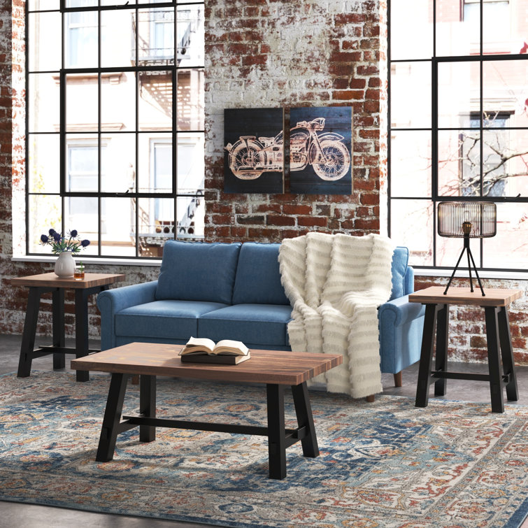 Adam 42" Wide Rustic Industrial Solid Wood 3 Piece Coffee Table Set With 2 Side Tables