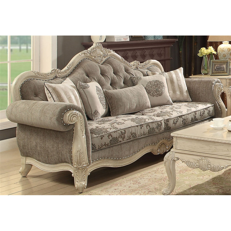 Gray Fabric and Antique White Tufted Sofa with Rolled Arms
