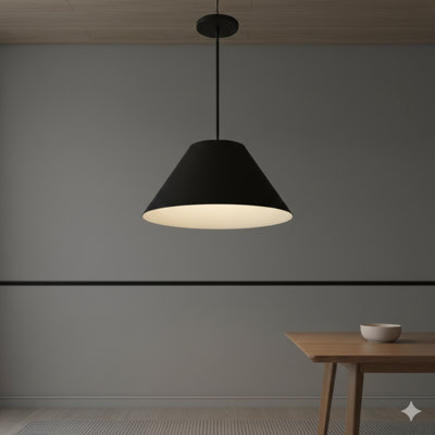 A Pendant Light With A 22-Inch Diameter Shade In Black Finish, Featuring An Integrated LED Light Source.