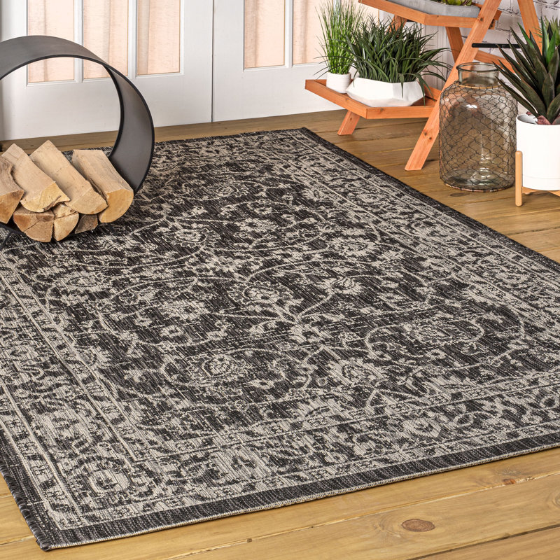 Markwart Vine and Border Textured Weave Black/Gray Indoor/Outdoor Rug, Rectangle 3'1" x 5'