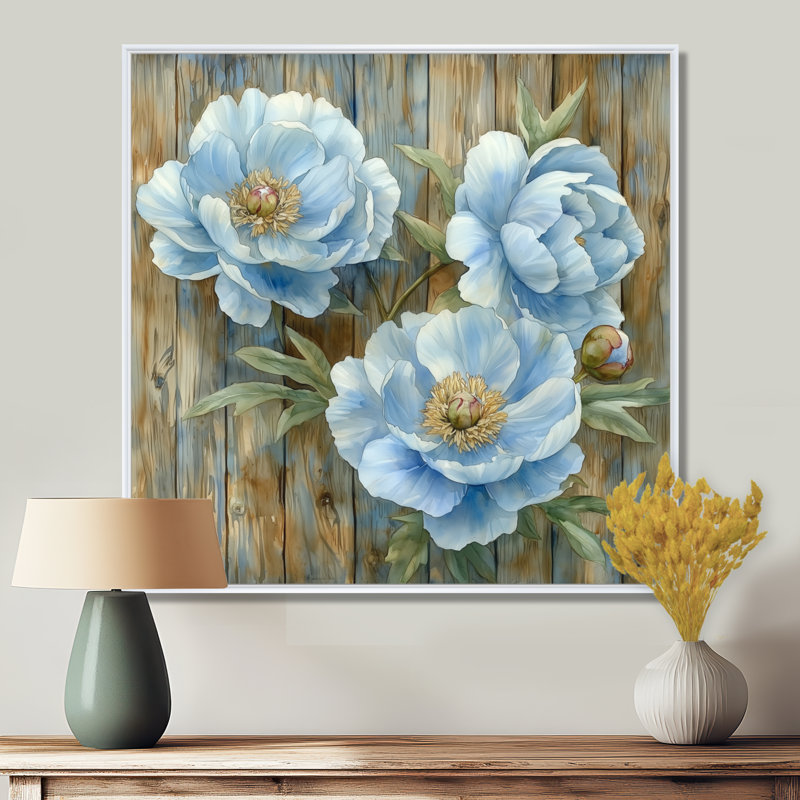 Grandes pivoines bleues par la porte de la ferme III - pivoines, art mural, H 16 po x l 16 po, Impression encadrée flottante