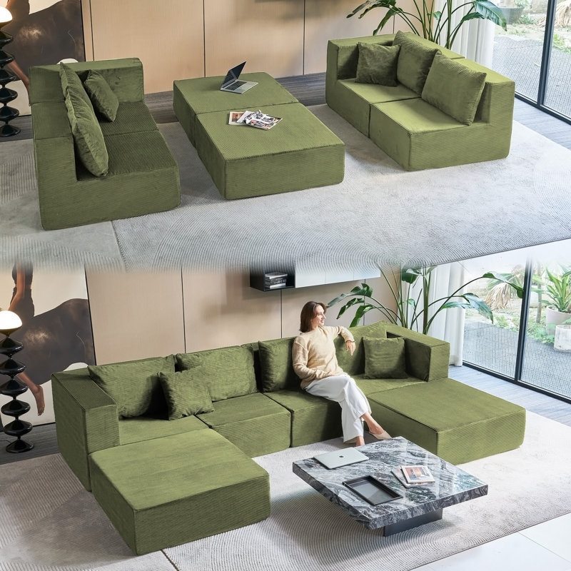 Canapé-lit modulaire de 140 po, Velours côtelé vert rétro