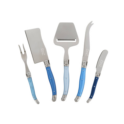 French Home Laguiole 5 Piece Cheese Knife, Fork and Slicer Set, "Shades of Blue"