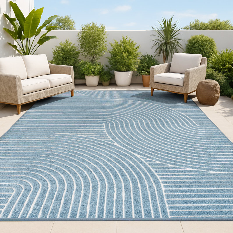 Anagrace High-Low Minimalist Curve Geometric Dark Blue/Cream Indoor/Outdoor Rug, Rectangle 2'11" x 5'