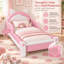 Lit plateforme rembourré en forme de chat mignon Dandre pour enfants, avec barrières de sécurité latérales, lit princesse bas avec tête de lit à nœud.-1827728695
