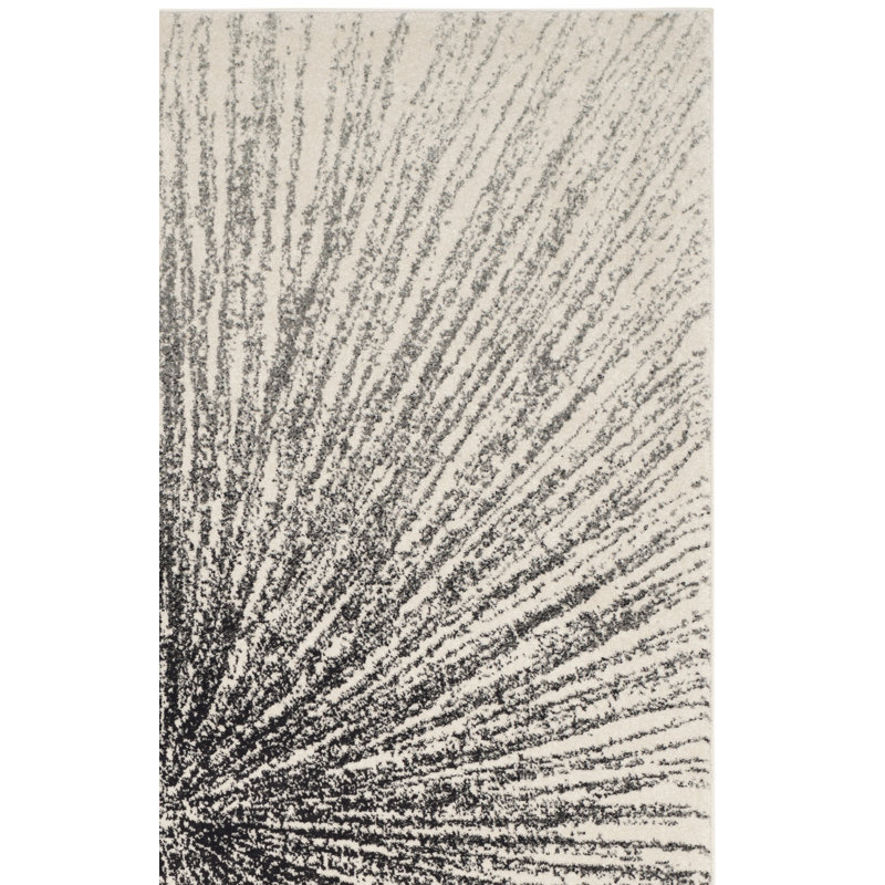 Tapis noir et ivoire à motif abstrait, Carré 5 pi 3 po