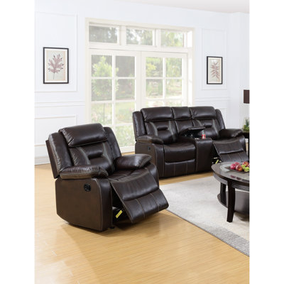 Salon moderne 2 pièces avec fauteuil inclinable, porte-gobelet, accoudoirs rembourrés, revêtement en similicuir brun foncé contemporain, capitonnage horizontal, couleur des accoudoirs