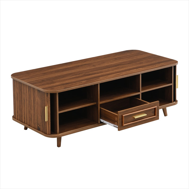 Table basse rectangulaire avec finition en noyer brun et rangement caché, meuble audio-vidéo de salon