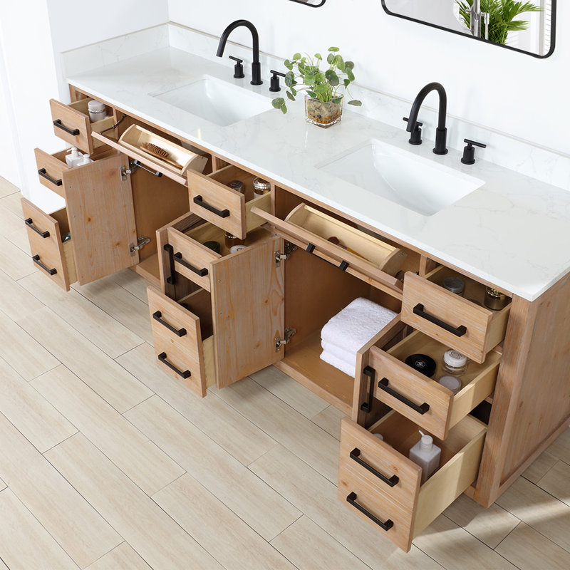 Meuble-lavabo double Gavino 84 avec comptoir, Marron clair