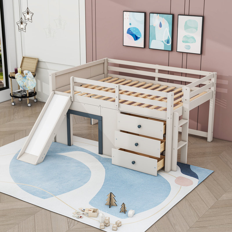 Lit mezzanine double pleine grandeur avec glissière et tiroirs de rangement, échelle