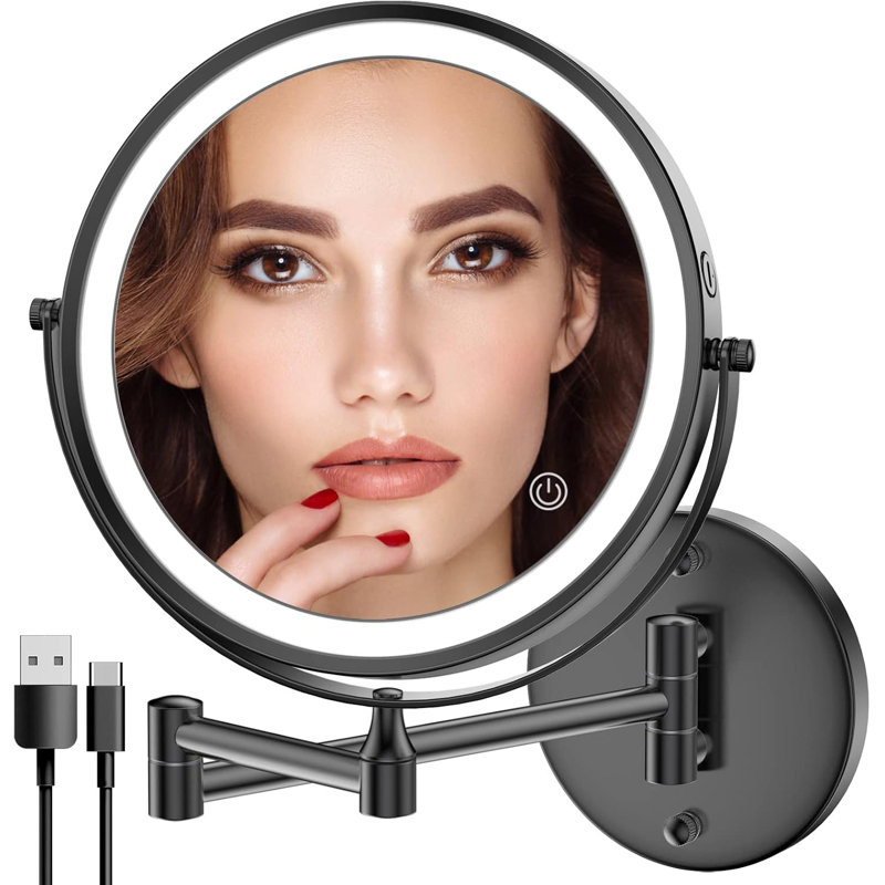 Black Rechargeable Wall-mounted Led Makeup Mirror 8" Double-sided