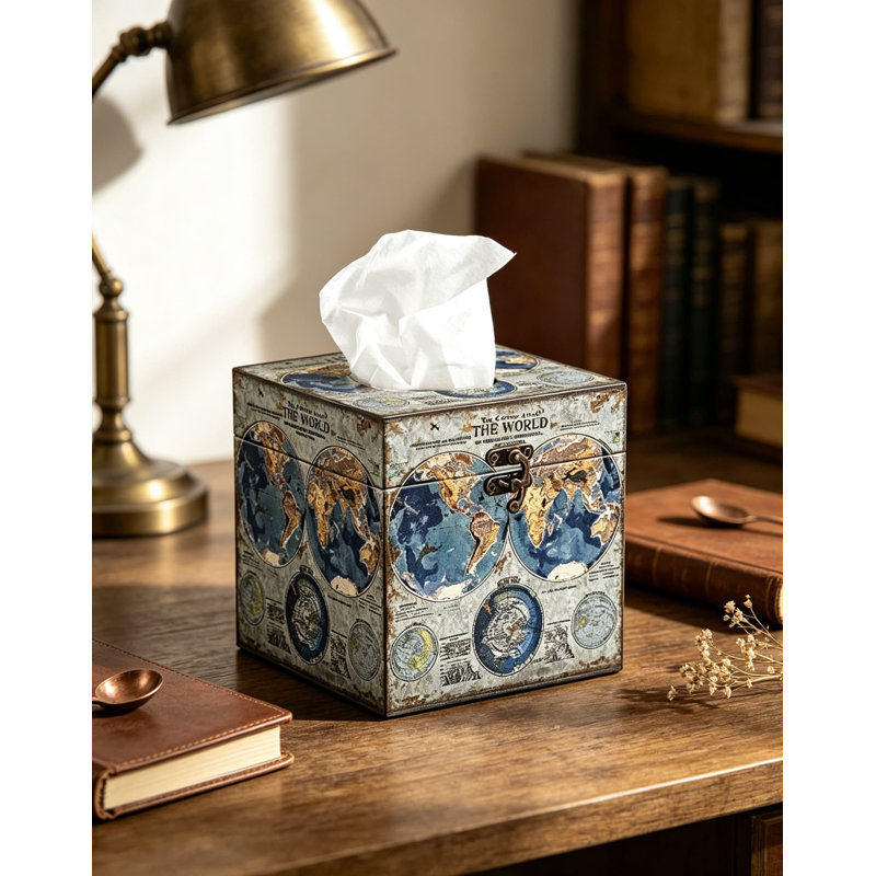 Boîte à mouchoirs décorative ornée d'une carte du monde ancienne - Porte-mouchoirs carré en bois antique et cuir PU pour salle de bain, chambre et bureau - Distributeur élégant