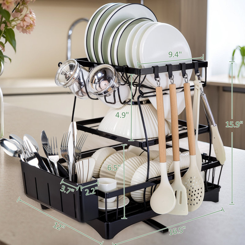 3-Tier Black Metal Dish Drying Rack with Utensil Cup