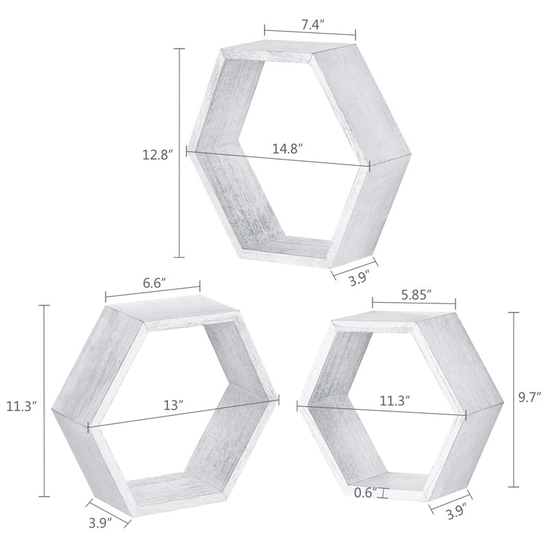 3 Piece Hexagon Solid Wood Floating Shelf, Gray
