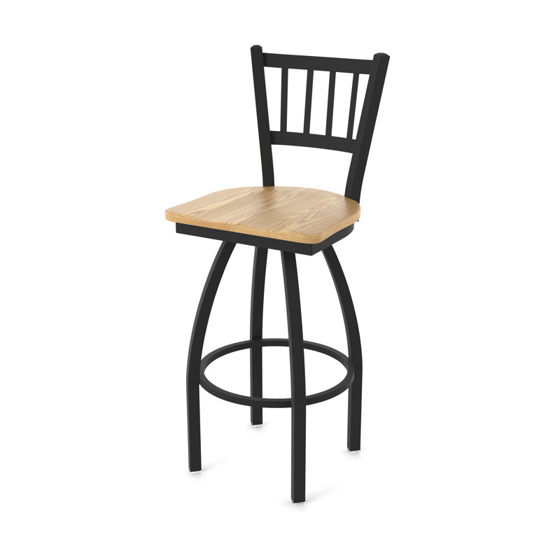 Tabouret de bar rotatif 25 po Nicolai, Noir froissé, Bois - Chêne naturel, Tabouret de bar (siège d’une hauteur de 30 po)