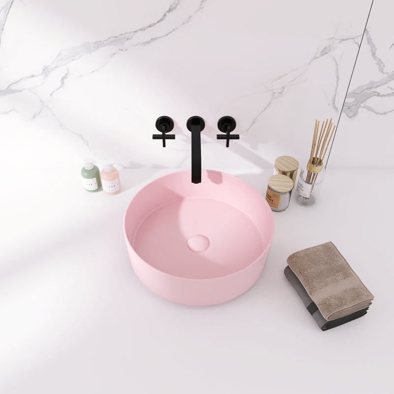 16" Ceramic Circular Vessel Bathroom Sink, Matte Light Pink