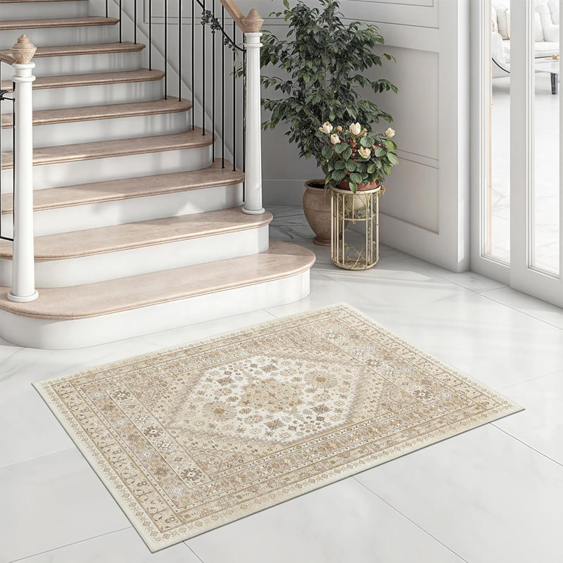 Medallion Non Slip Washable Rug(Cream), Rectangle 2' x 3'