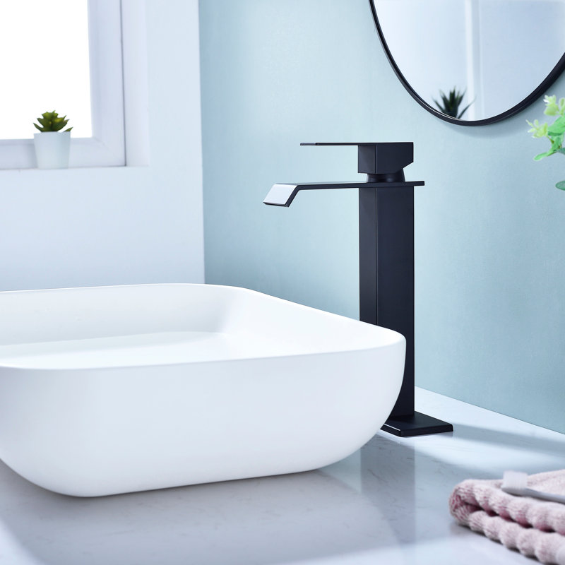 Robinet de lavabo de salle de bain à cascade, robinet de lavabo à poignée simple noir mat avec bonde escamotable (sans trop-plein)