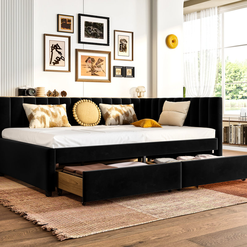 Lit de jour double rembourré en velours noir, conception d'angle avec rangement, confortable, 2 tiroirs de rangement en velours, pour le salon, la structure, sans sommier