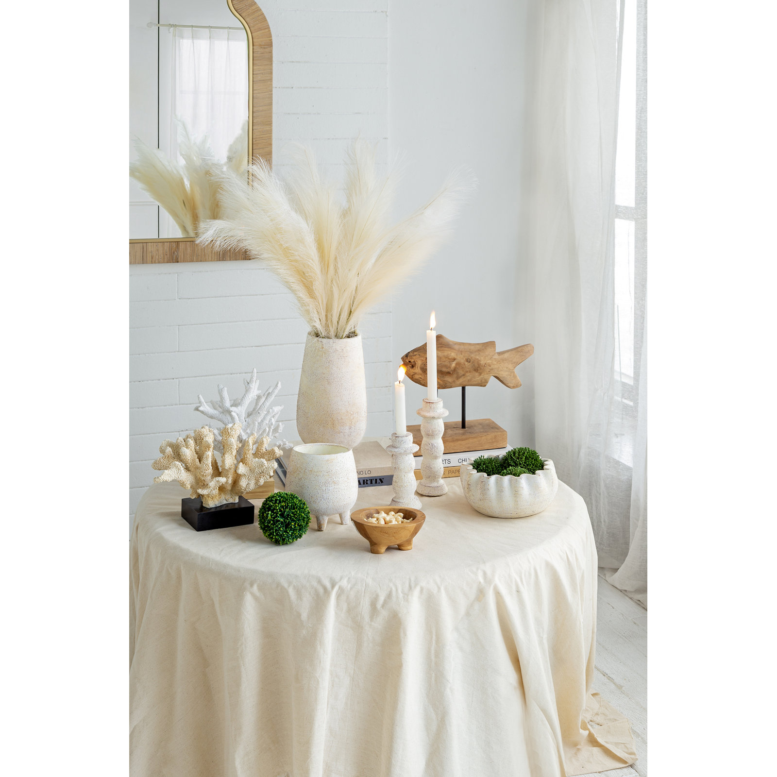 Cement Accent Vase with Ridged Design - 6.5" x 6.5" x 12" - White