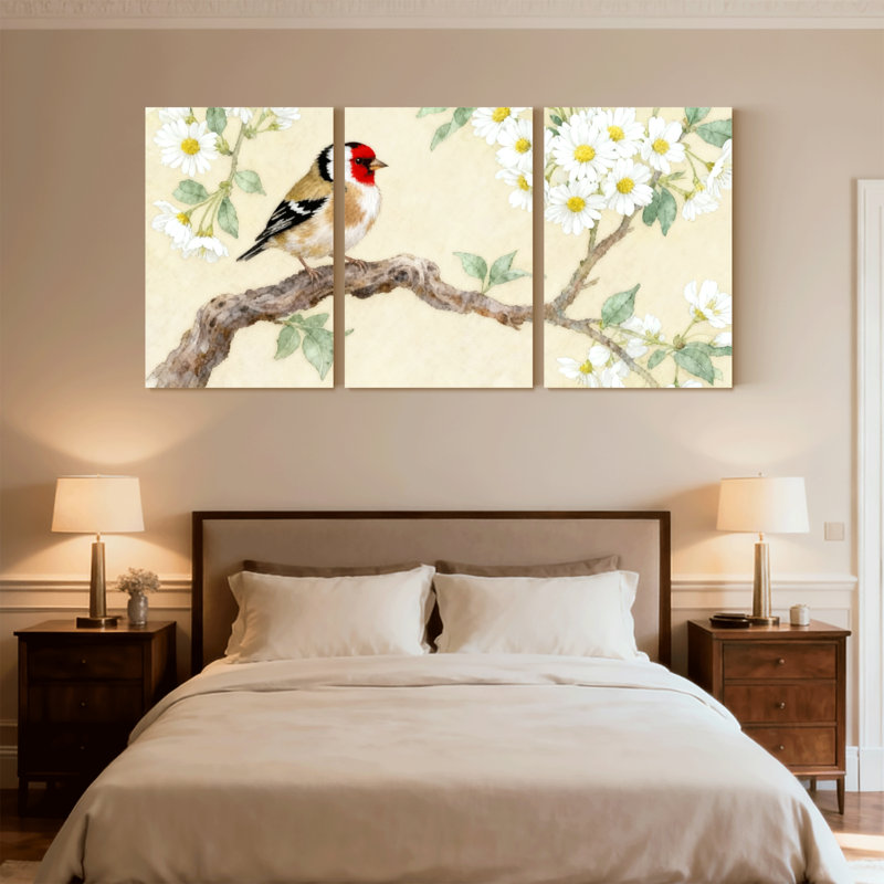 Oiseaux perchés sur une branche avec fleurs, ensemble de 3 impressions sur toile, H 30 po x l 60 po