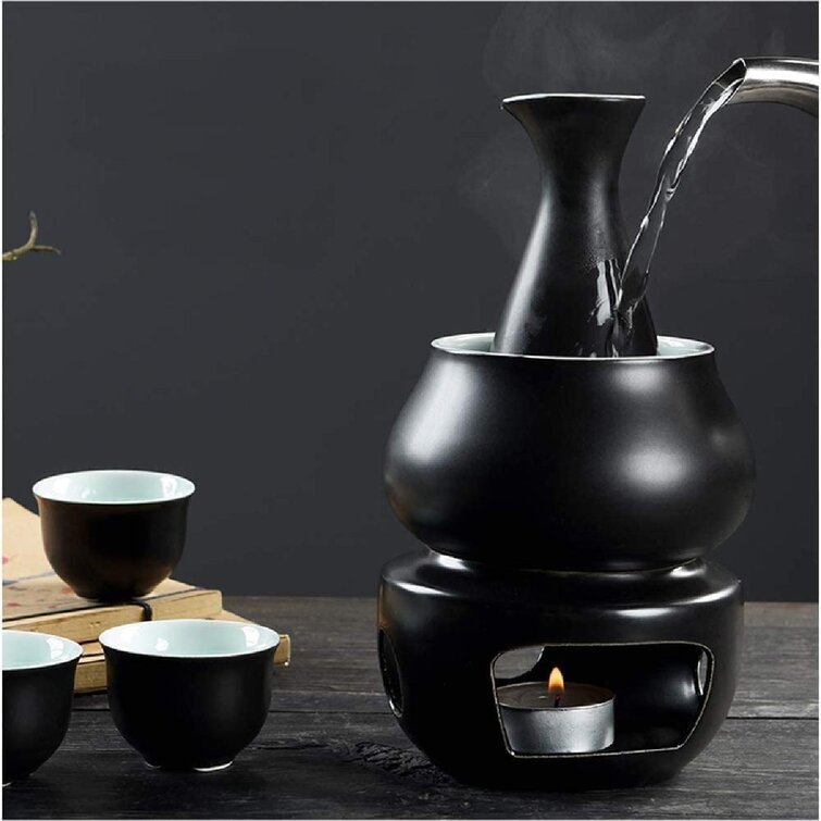 MKYOKO Ceramic Sake Set, Sake Set with Warmer, Traditional Hot Saka Set,  Including Electric Base, Warming Mug, Sake Pot, Sake Cups and 1 Tray,6cup