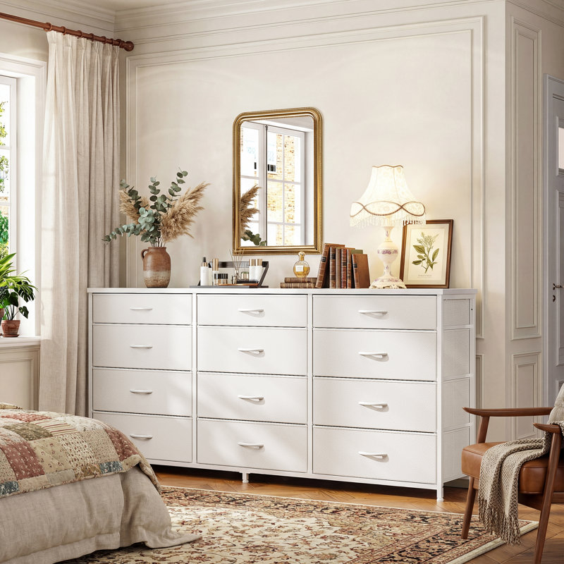 55" Wide Storage Dresser With 12 Fabric Drawers, Sturdy Metal Frame Tv Stand For Bedroom & Living Room, White