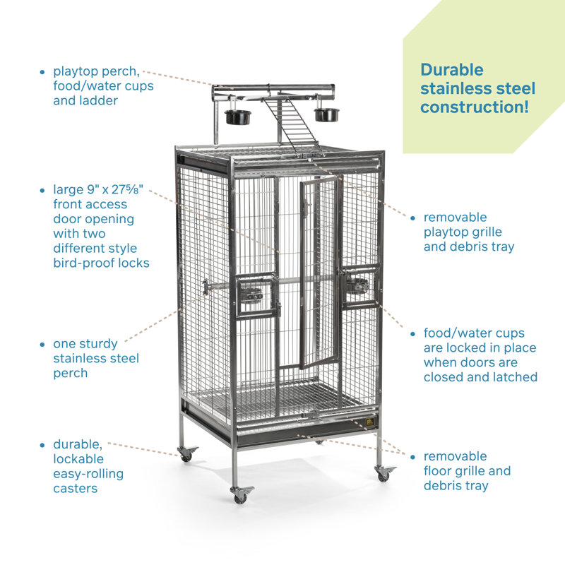 Medium Stainless Steel Playtop Bird Cage with Wheels