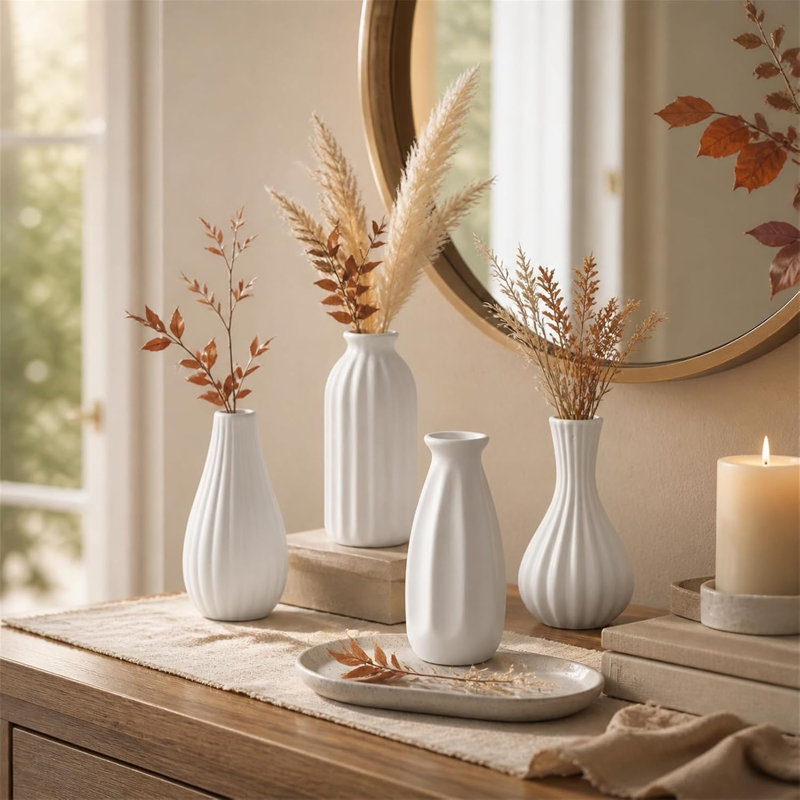 NUPTIO Small White Ceramic Vase: 4 Pcs Decorative Flower Bud Vases Set